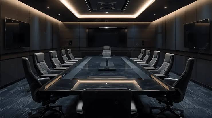 A dark boardroom with a conference table and chairs