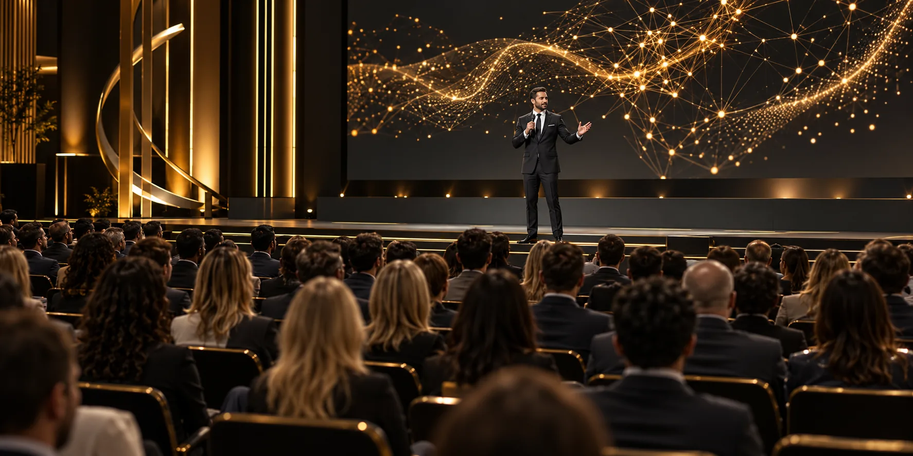 A speaker presenting on a gold-lit stage before an audience