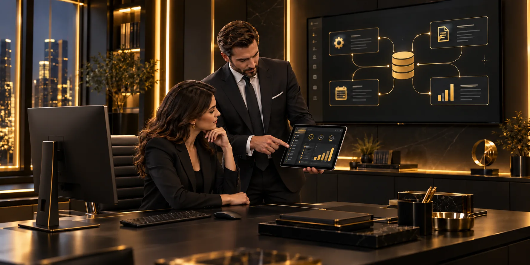 Two professionals reviewing a tablet beside a connected business systems diagram